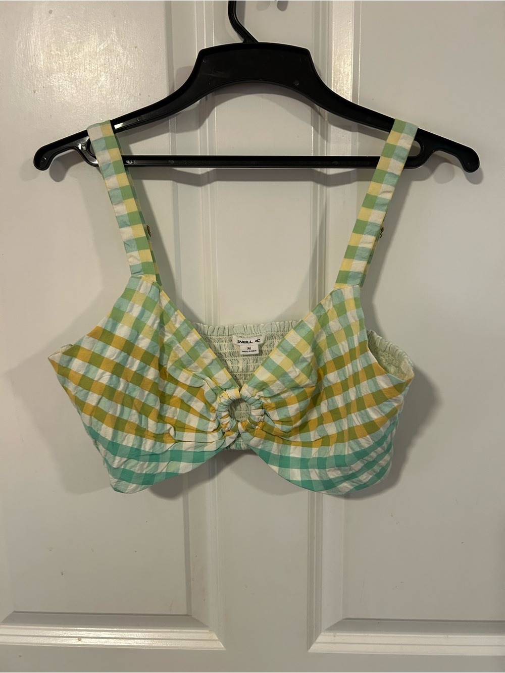 O'Neill Yellow and Mint Gingham Knot-Front Crop Camisole